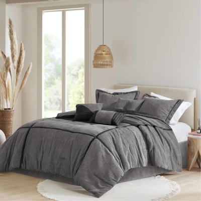 Édredon 7 pièces en velours côtelé gris grand, tissu, combinaisons de couleurs élégantes, offre confort, séchage à l'air pour conserver les pièces de taille grand, décoration de chambre à coucher moderne, traitement après-soleil moelleux, basse température