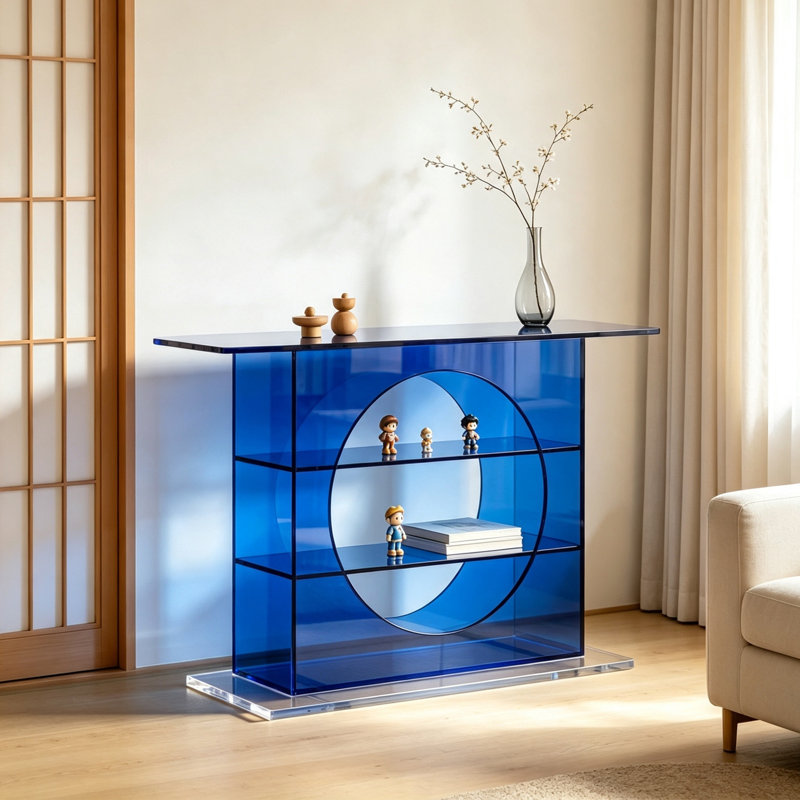 Console circulaire bleue en acrylique, H 35,43 po x l 35,43 po x P 13,78 po