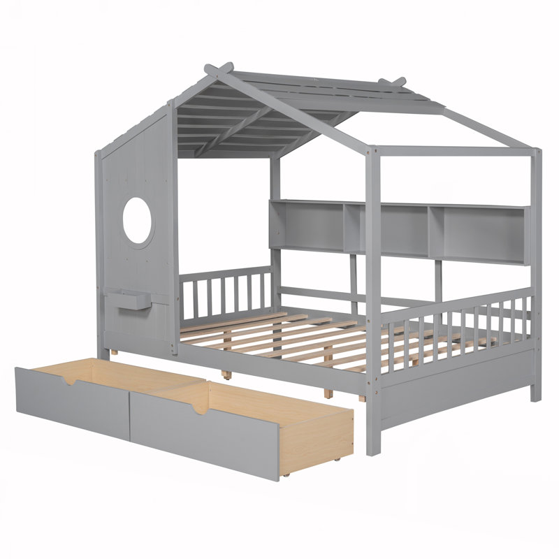 Lit double en bois avec 2 tiroirs, gris, Double