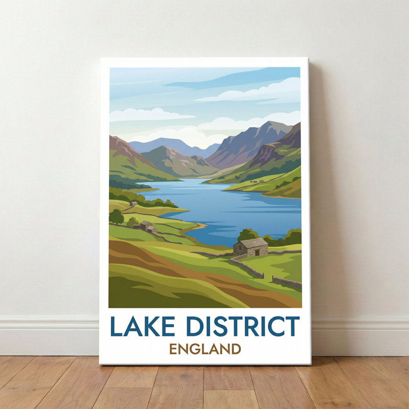 Lake District, England - Romantic Travel Poster Of Lakes, Fells And Countryside. Giclée Print On Wrapped Canvas. Wall Art, Home Decor - Regions & Scenic Areas, England - Wrapped Canvas Print