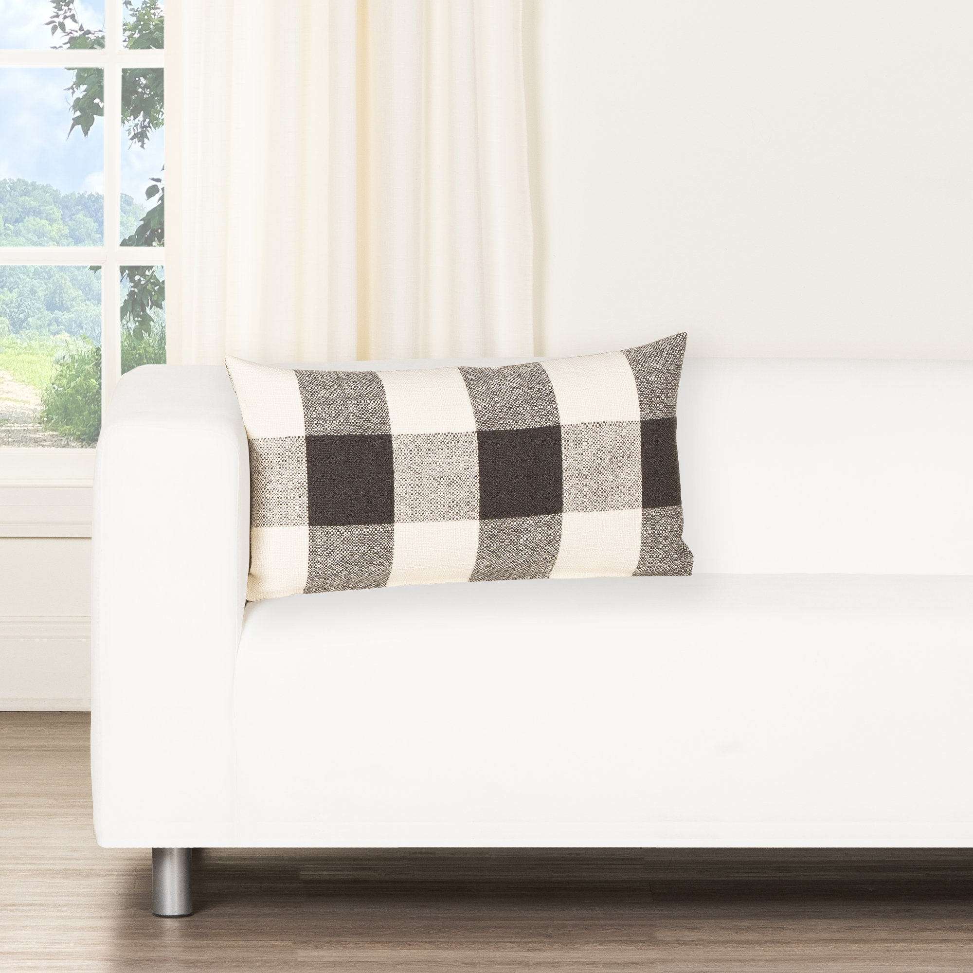 Birch Lane Cleveland Throw Pillow Lumbar, Black Checkered, Feather