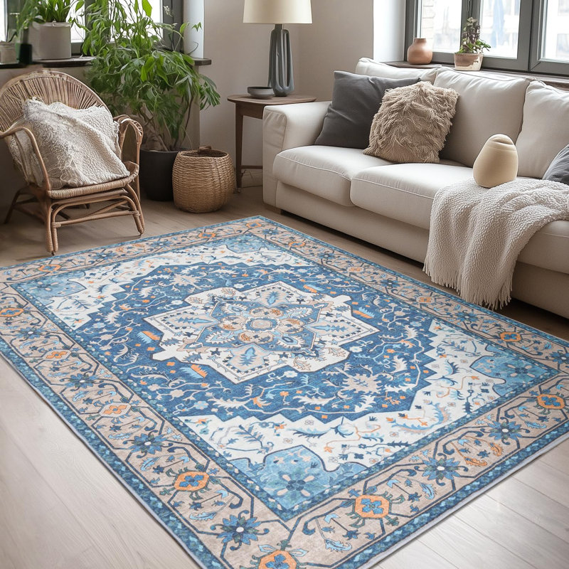 5x7 Blue Machine Washable Faux-Wool Vintage Floral Indoor Area Rug, Rectangle 5' x 7', Blue