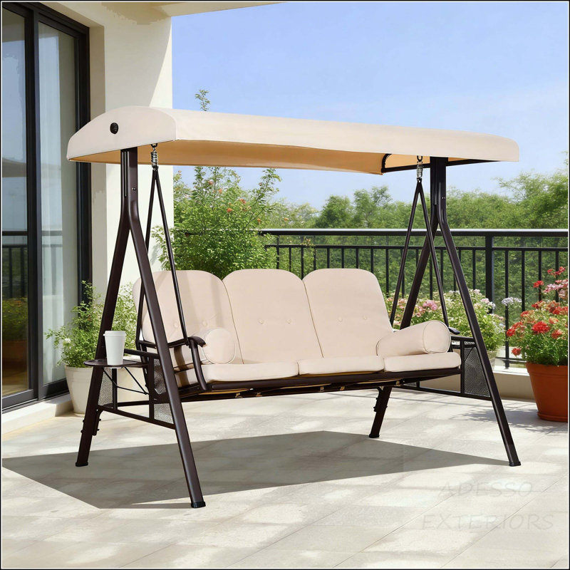 Balancelle de patio 3 places avec auvent, plateaux latéraux et coussins - Autonome