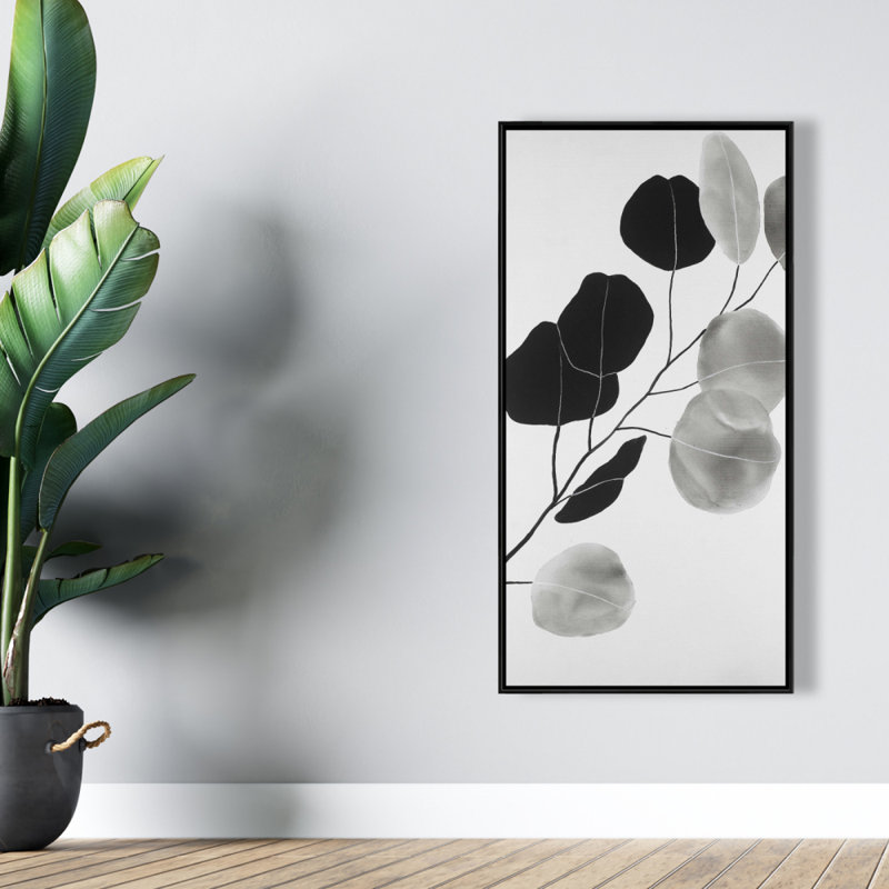 Grayscale Branch With Round Shape Leaves Print On Canvas, H 48 po x l 24 po
