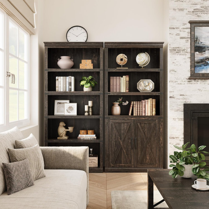 5 Tier Bookshelf With Storage, 68.7'' Tall Bookcase, Wooden Storage Cabinet, Brown