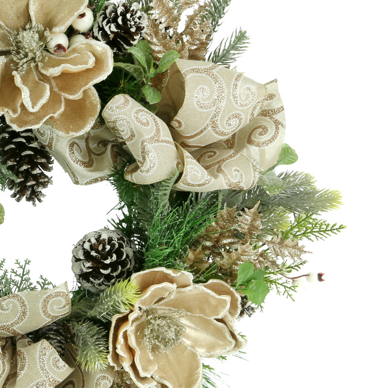 24" Holiday Magnolia Wreath With Bunches Of Pine, Berries And Bows
