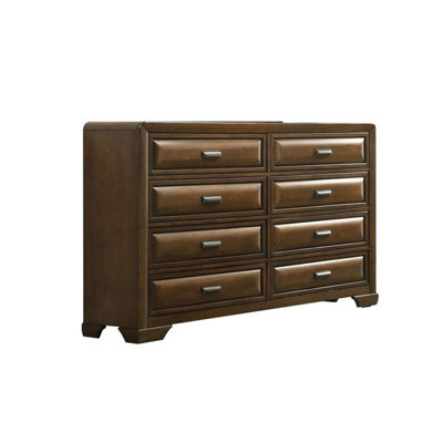 Commode Cair large avec 8 tiroirs biseautés, poignées bronze, bois brun
