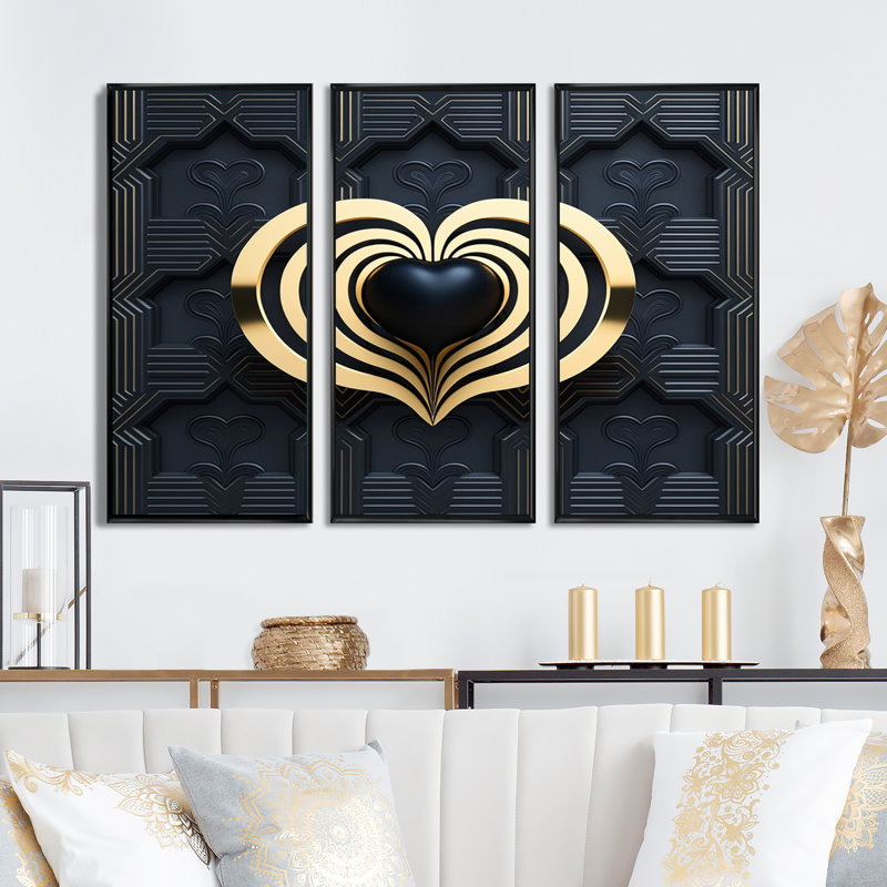 Black And Gold Radiant Shining Heart I Print