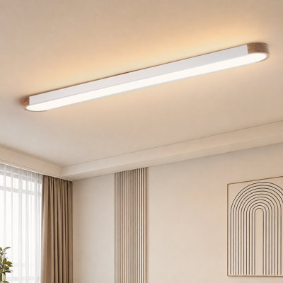 48" Modern Linear Led Flush Mount Ceiling Light, Dimmable Iron & Solid Wood Fixture