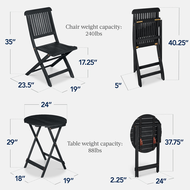  3-Piece Acacia Wood Bistro Set, Folding Patio Furniture W/ 2 Chairs, Table - Charcoal, Charcoal