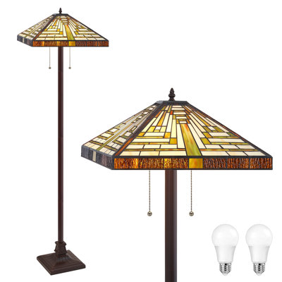 65" Tiffany-Style Floor Lamp With 16 Inch Stained Glass Shade, Bulbs Included, Pull Chain Switch, Vintage Standing Floor Lamp for Living Room, Bedroom