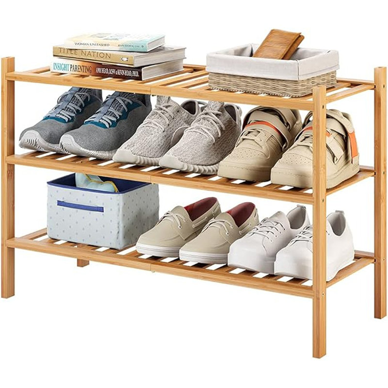 Range-chaussures à 3 niveaux en bambou pour entrée, empilable | Robuste | Range-chaussures autoportant multifonctionnel pour le couloir de la chambre à coucher
