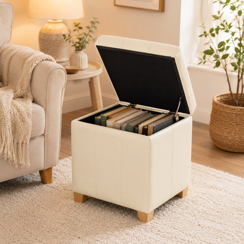 Repose-pieds carré avec rangement capitonné 17,5 po, Similicuir blanc cassé, Natural Wood