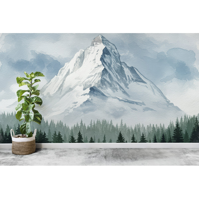 Montagne, neige, mur, graphique, rivière, pelez et collez, papier peint de chambre de chambre de bébé, L 120 po x l 80 po