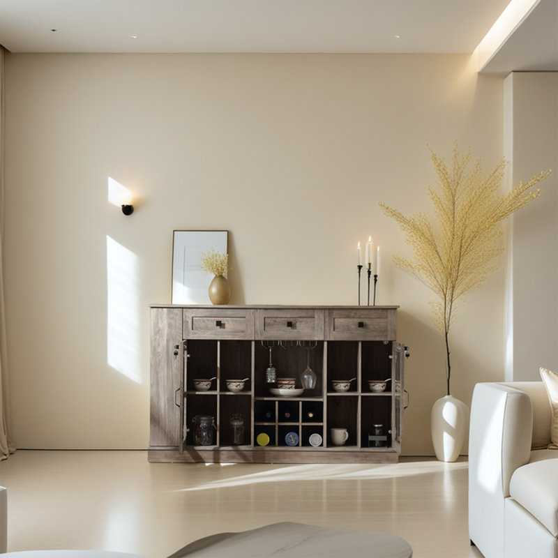  Liquor Bar Cabinet With Locks,7 LED Lighting and 3 deep drawers,for kitchen,dining room and living room, Gray