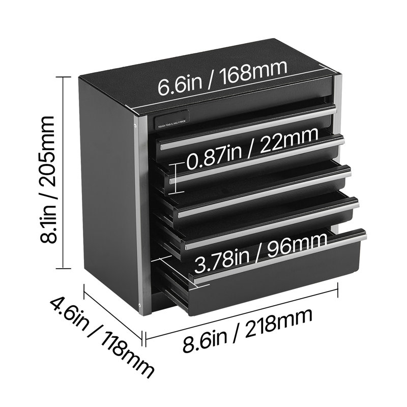 Boîte à outils 5,6 pouces avec boîte à outils 5 tiroirs 9,84 po x 6,30 po x 10,24 po | Acier | Boîte à outils | Noir