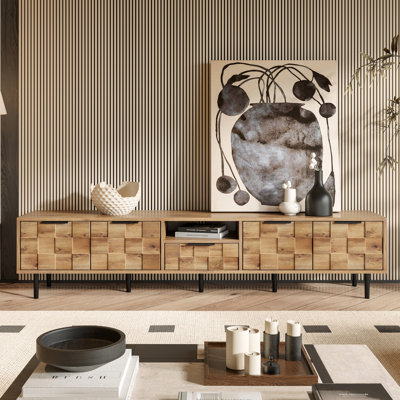 Meuble télé pour téléviseurs de 85, 70 et 65 pouces, console en bois naturel, quatre portes d'armoire à fermeture douce et rangement polyvalent, grand écran de 78 pouces, motif à carreaux, tiroir robuste avec tablette pour le salon