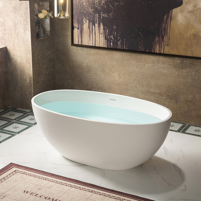 55" Freestanding Soaking Solid Surface Stone Resin Bathtub with Integrated Overflow and Pop-up Drain, Matte White