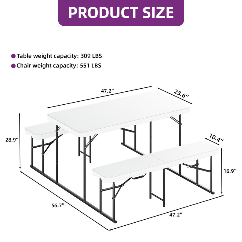 Ensemble de table de pique-nique 6/8 personnes, Blanc, H 29 po x L 54 po x l 27,4 po
