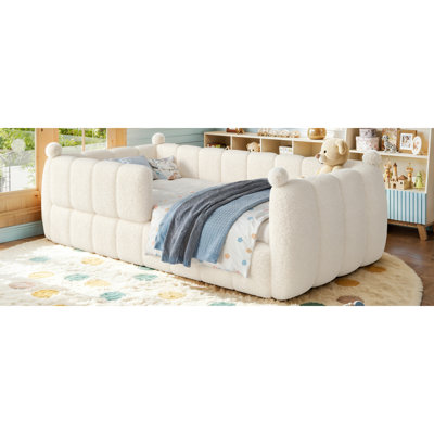 Lit simple tapissier pour lit simple pour enfant, lit de sol Montessori avec rails de sécurité, cadre pour lit d'enfant bas à terre, beige