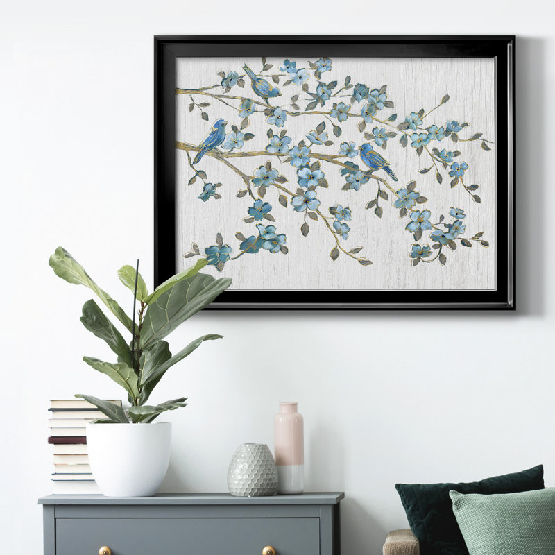 «Blooming Bluebirds», reproduction encadrée de qualité supérieure - prête à être accrochée, Cadre noir, Pas de tapis