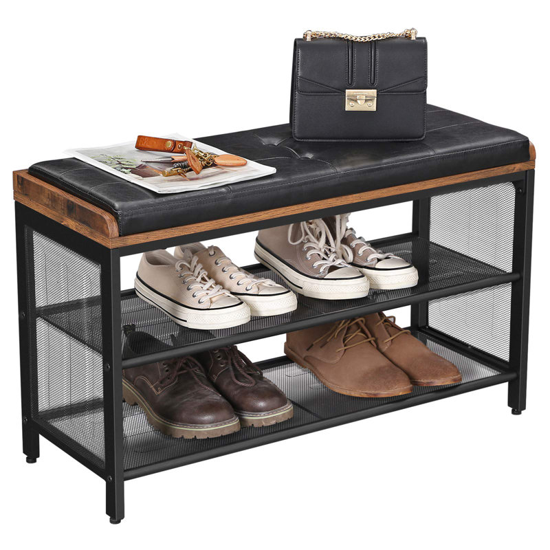 Rustic Shoe Bench With Cushioned Seat And 2 Mesh Shelves, 31.5"L X 11.8"W X 18.9"H, Stylish Entryway Furniture