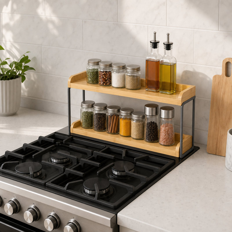 Étagère de cuisine de 30 po de large pour cuisinière, étagère à épices en bambou magnétique pour le rangement et l'organisation de la cuisine à domicile, s'adapte au dessus plat seulement, 2 niveaux