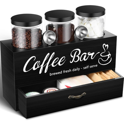 3 Pcs Coffee Canister Set With Shelf And Spoon Plastic Coffee Bean Storage Container With Lids Coffee Storage Box With Drawer Food Storage Jars For Coffee Bar Kitchen (Black)