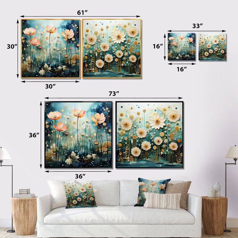 Sunrise Blue Bonnets Field - Ensemble de 2 collages floraux carrés, Cadre flottant noir, H 16 po x l 33 po