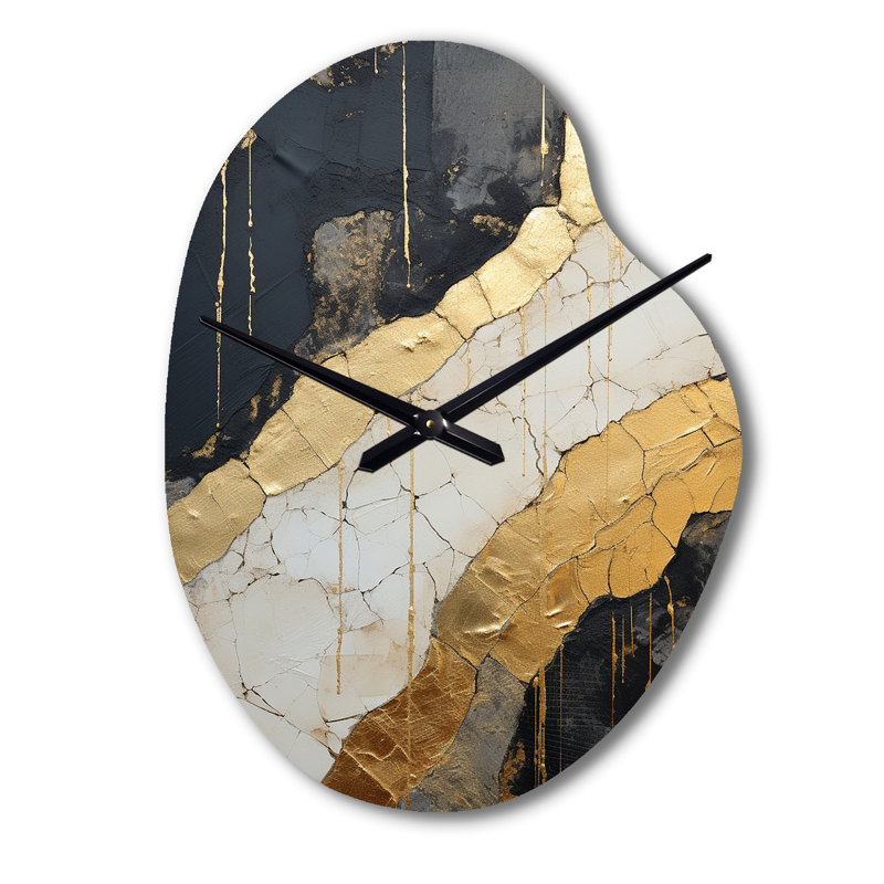 Horloge murale en métal noir or orné de poteries V - spirales abstraites asymétriques, Petit