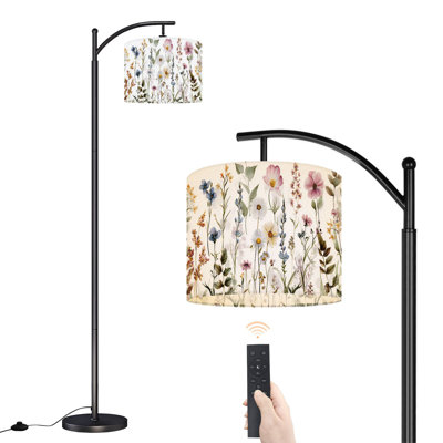 Arc Floor Lamp with Adjustable Lampshade Watercolor floral greenery wildflowers herbs green leaves field Standing Lamp 3 Color Temperatures Dimmable Tall Pole Lamp with Foot Switch for Bedroom