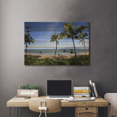 Palmier bordé de plage, Maui, Hawaï, États-Unis par Panoramic Images - impression sans cadre sur bois