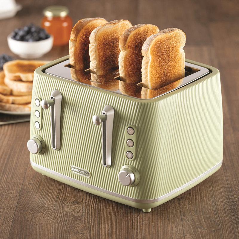 Daewoo Cascade 2-Slice Textured Matte Toaster - Defrost & Reheat Functionality Black, Dual Browning Controls, Green