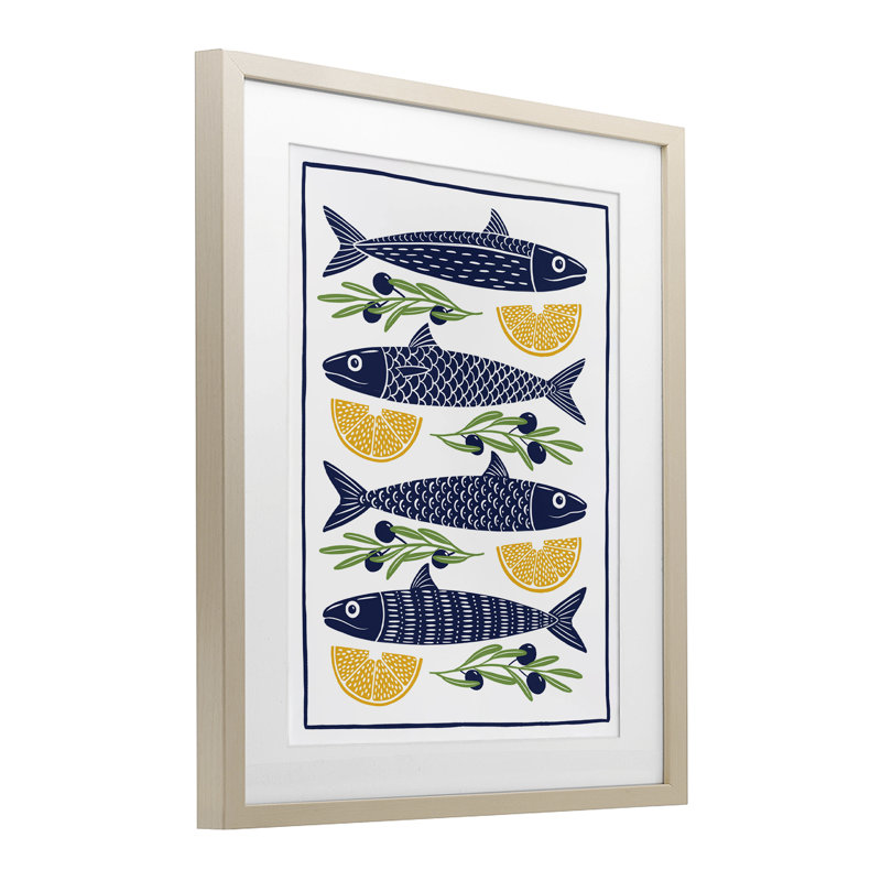 Poisson, citron et olives, reproduction encadrée sous verre, design par Bex Morley Design, Cadre de récolte en pin
