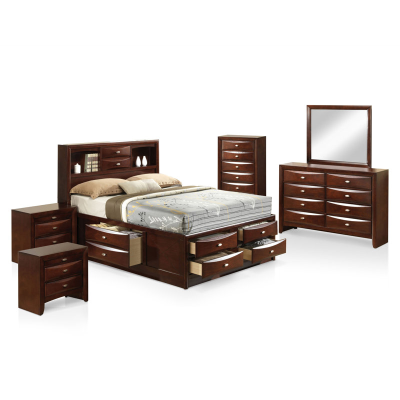 Ensemble de chambre à coucher 6 pièces Lakiesha, Très grand, Brun, 6 Pcs: Bed,2 Nightstands, Chest, Dreser,Mirror