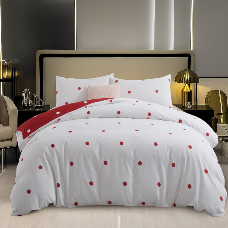 Microfiber Duvet Cover Set Doted With Pillowcases, Red/White, Super King Duvet Cover + 2 Pillowcases
