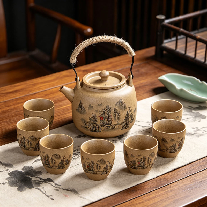 Service à thé en céramique avec théière et 6 grandes tasses, boîte-cadeau en poterie grossière pour le bureau à domicile, idéal pour la remise des diplômes de la fête des Pères