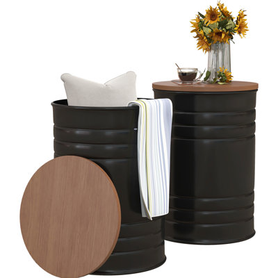 Nesting Storage Ottomans Of 2 With Lids. Look Storage. Extra Removable Wooden Tops. Metal Construction, 264 Lbs Capacity. 14.5" X 19" H  Large , 12.5" 17.75"  Small . No Assembly Required 2 Inspired.
