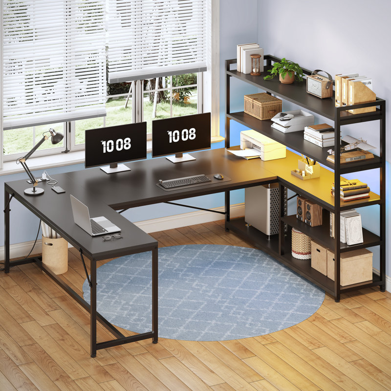 63'' Reversible Computer Desk With LED Power Outlet And Storage Shelves, Black/Black