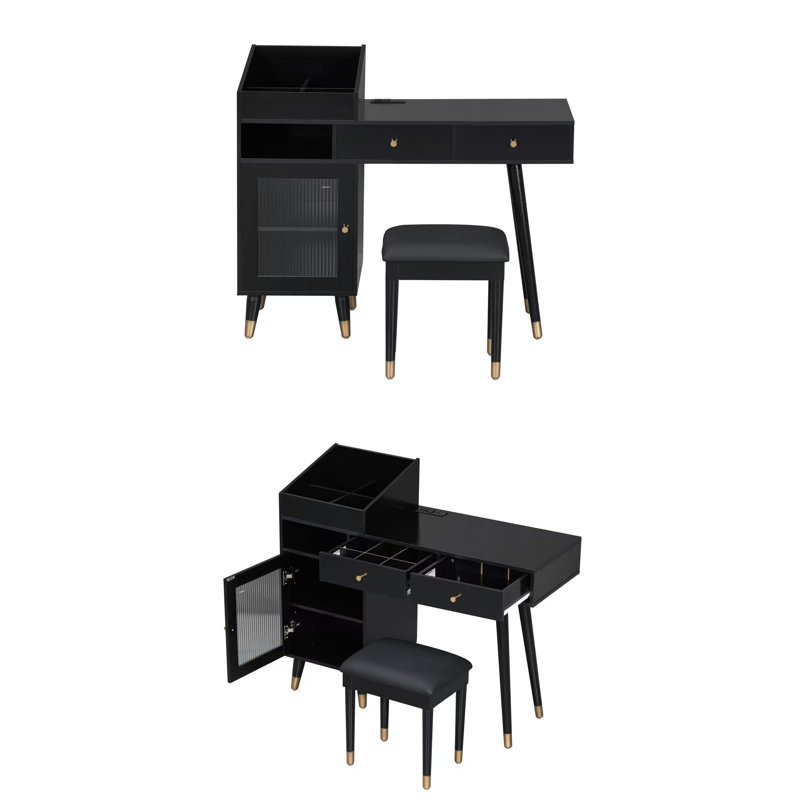 Modern Makeup Vanity Desk With Drawers, Cabinet & Charging Port, Space-saving Dressing Table Set With Stool For Small Places