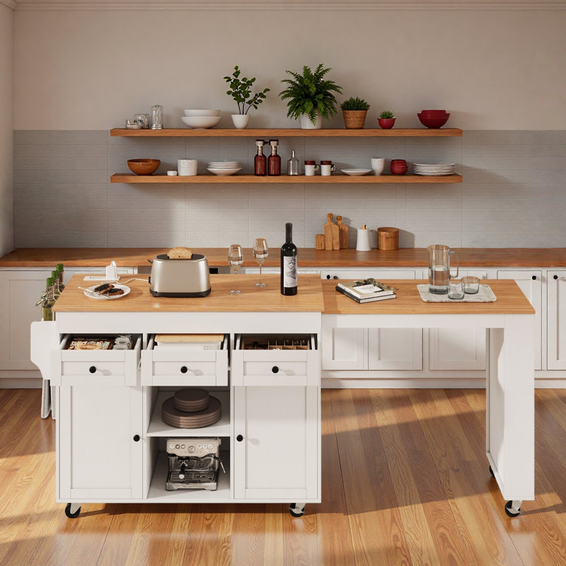 Rolling Kitchen Island With Extendable Dining Table, Charging Station, Three-tier Open Side Storage Rack, 3 Drawers And 2 Storage Cabinets