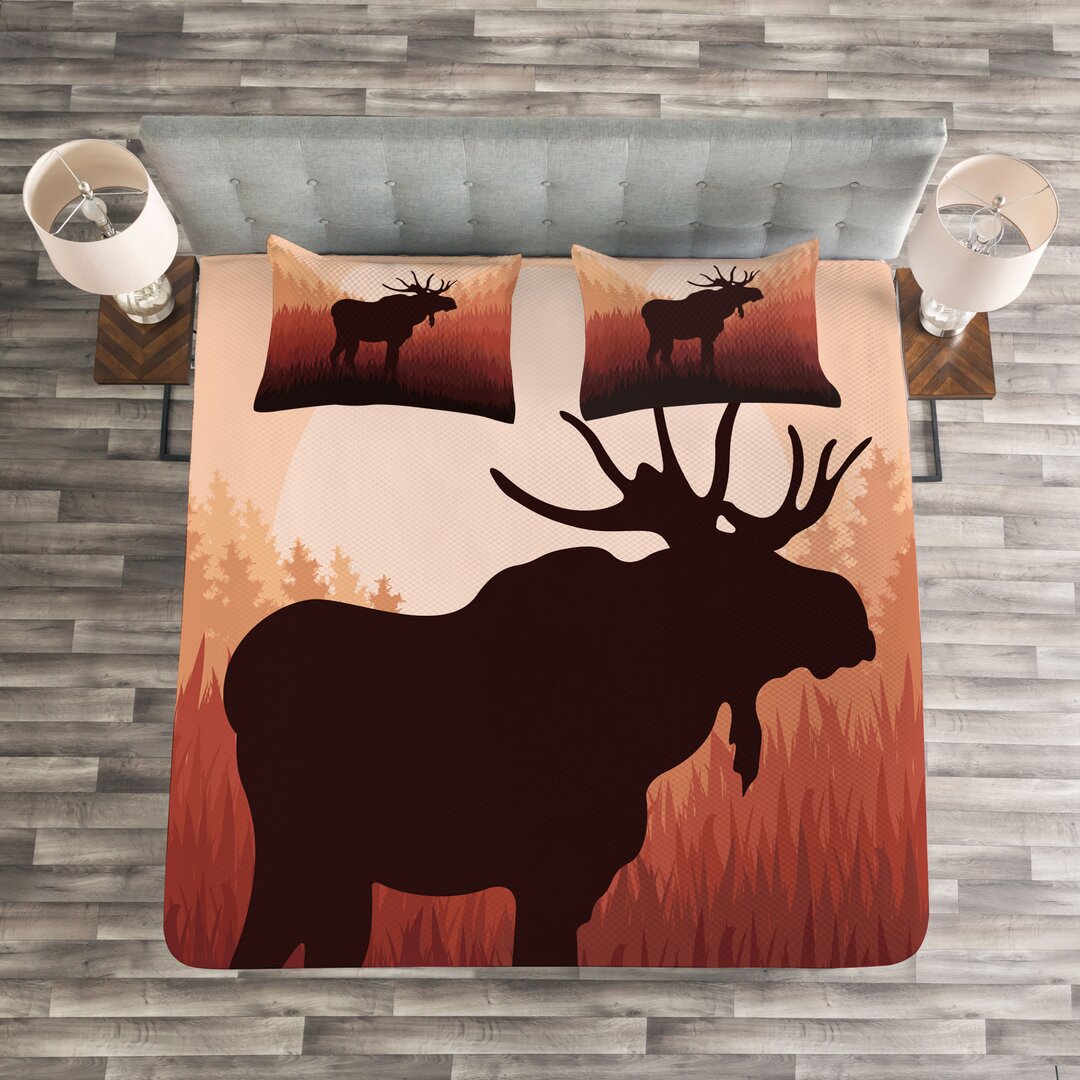 Gestepptes Bettdecken-Set, Wald Antlers Wilde Deer, Elch, Pfirsich und Brown