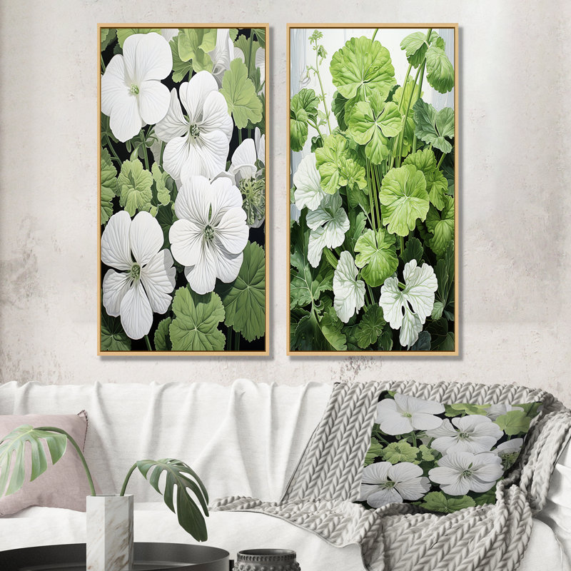Minimalisme blanc et vert géraniums - ensemble de 2 impressions sur toile géraniums, Encadrement brun, H 28 po x l 25 po