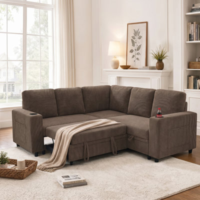 Corner Sectional Couch with Pull Out Sleeper and Cup Holders