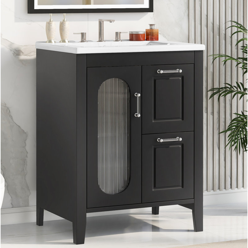 Meuble-lavabo 24 po avec lavabo, meuble-lavabo avec deux tiroirs et porte, tablette réglable, bois massif et panneau de fibres à densité moyenne, gris