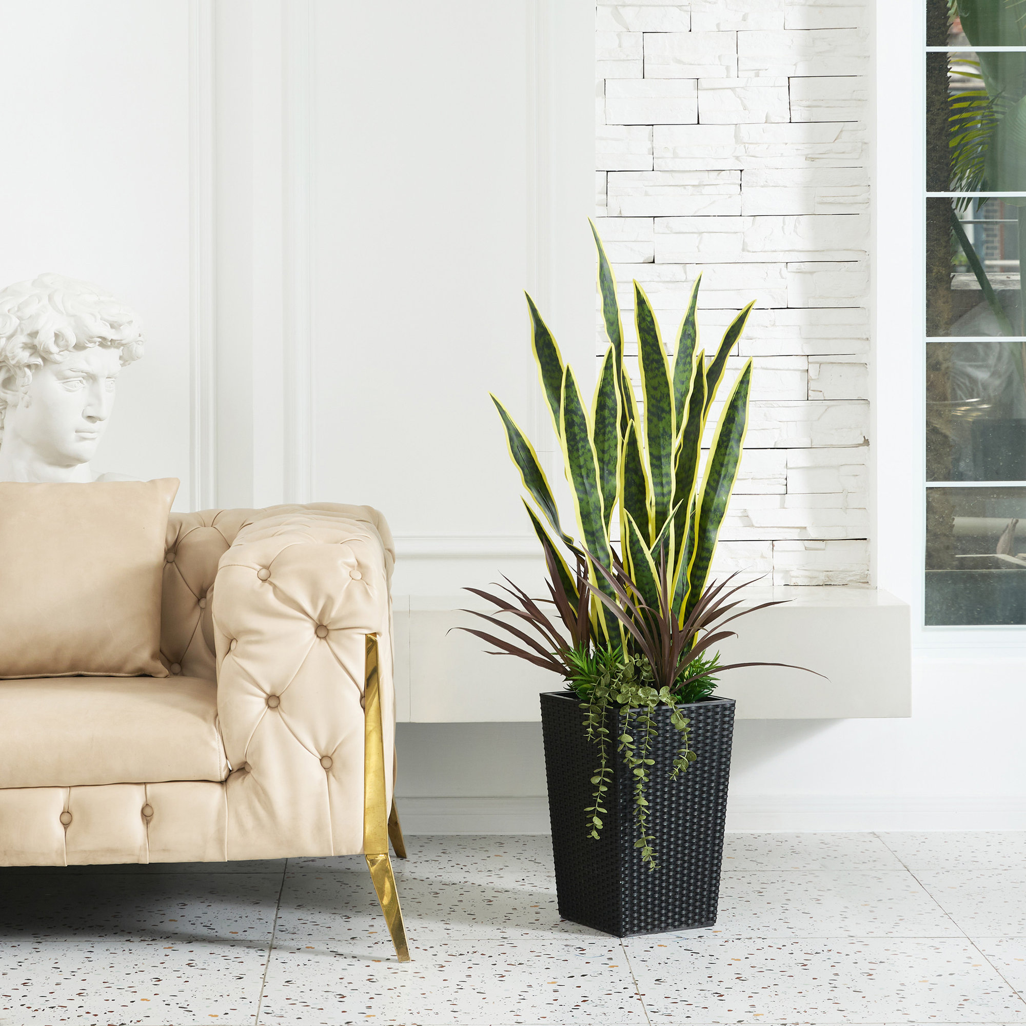 Artificial Snake Plant 4FT - UV Resistant Faux Plant with Tapered Planter and Decorative Plants, Black