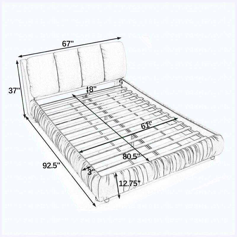 Cadre de lit plateforme tapissier en velours grand format, minimaliste moderne avec tête de lit segmentée moelleuse, bleu foncé