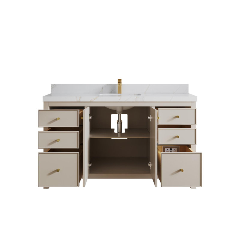 Meuble-lavabo simple 60 po avec plateau Chicago, Sienne Calacatta