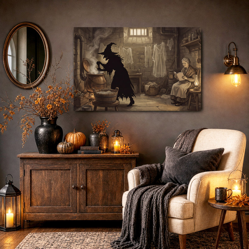 Toile murale d'Halloween représentant une sorcière remuant un chaudron dans une buanderie en pierre, 12"H x 18"W
