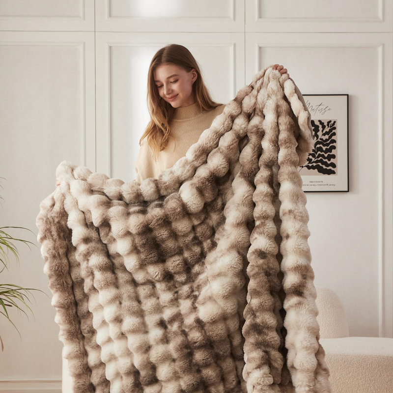 Faux Rabbit Fur And Flannel Blanket 50X60 Inches